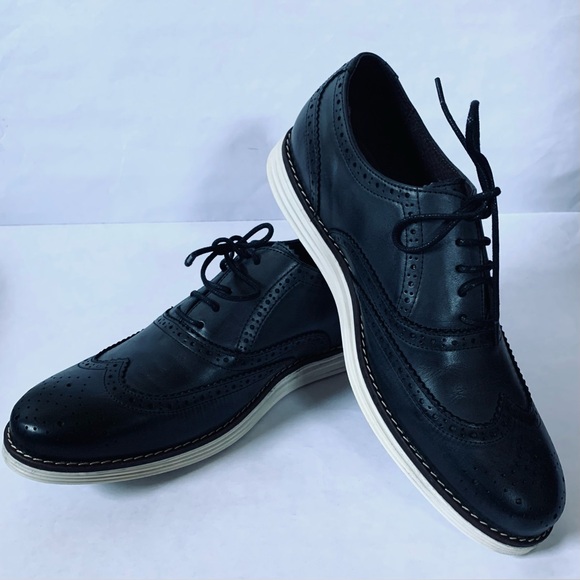 NEW Dune Mens 10 US BAYSIDE BLACK LEATHER WINGTIP WHITE WEDGE SOLE UK 44 - Picture 2 of 11